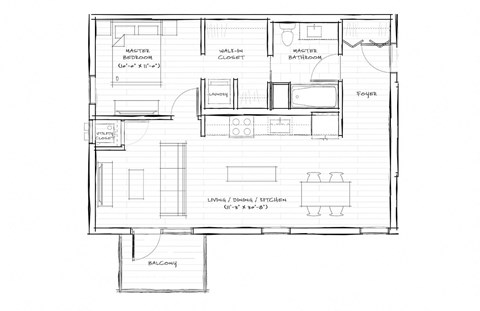 Floor plan for 1 bed, 1 bath, 716 sqft